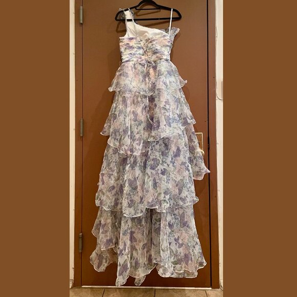 ANEWSTA Women Floral Print One Shoulder Ruffle Trim Petal Hem Evening Gown NWT - Picture 4 of 14